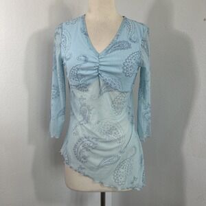 VTG Beware Top Womens M Blue Mesh Babydoll Fairycore Y2K Paisley Asymmetrical‎